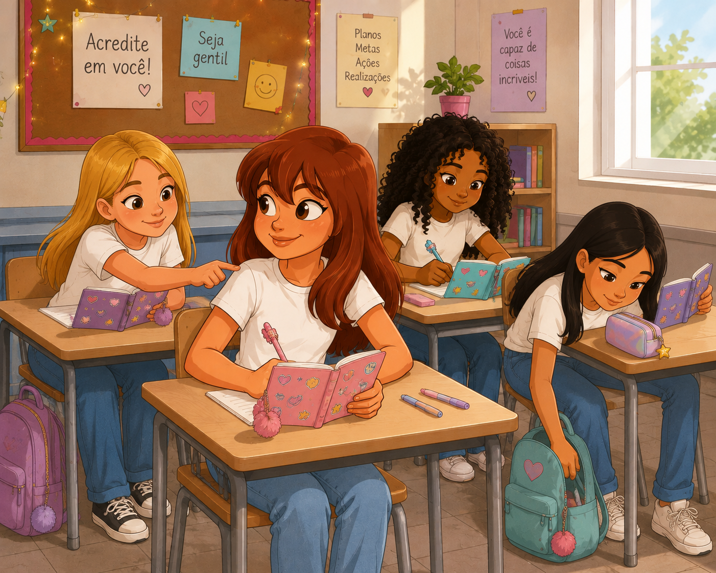 Meninas participando de uma atividade de escrita criativa em sala de aula