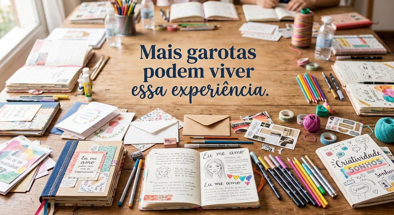 Mesa de oficina criativa com diários, cartas, canetas e materiais de papelaria