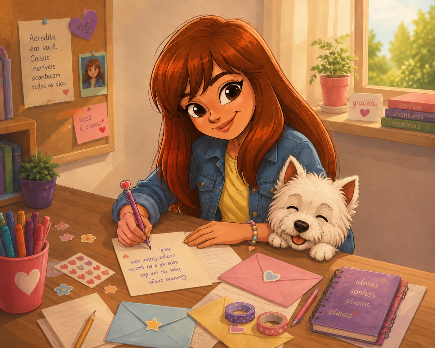 Vivi escrevendo uma carta ao lado de seu cachorro