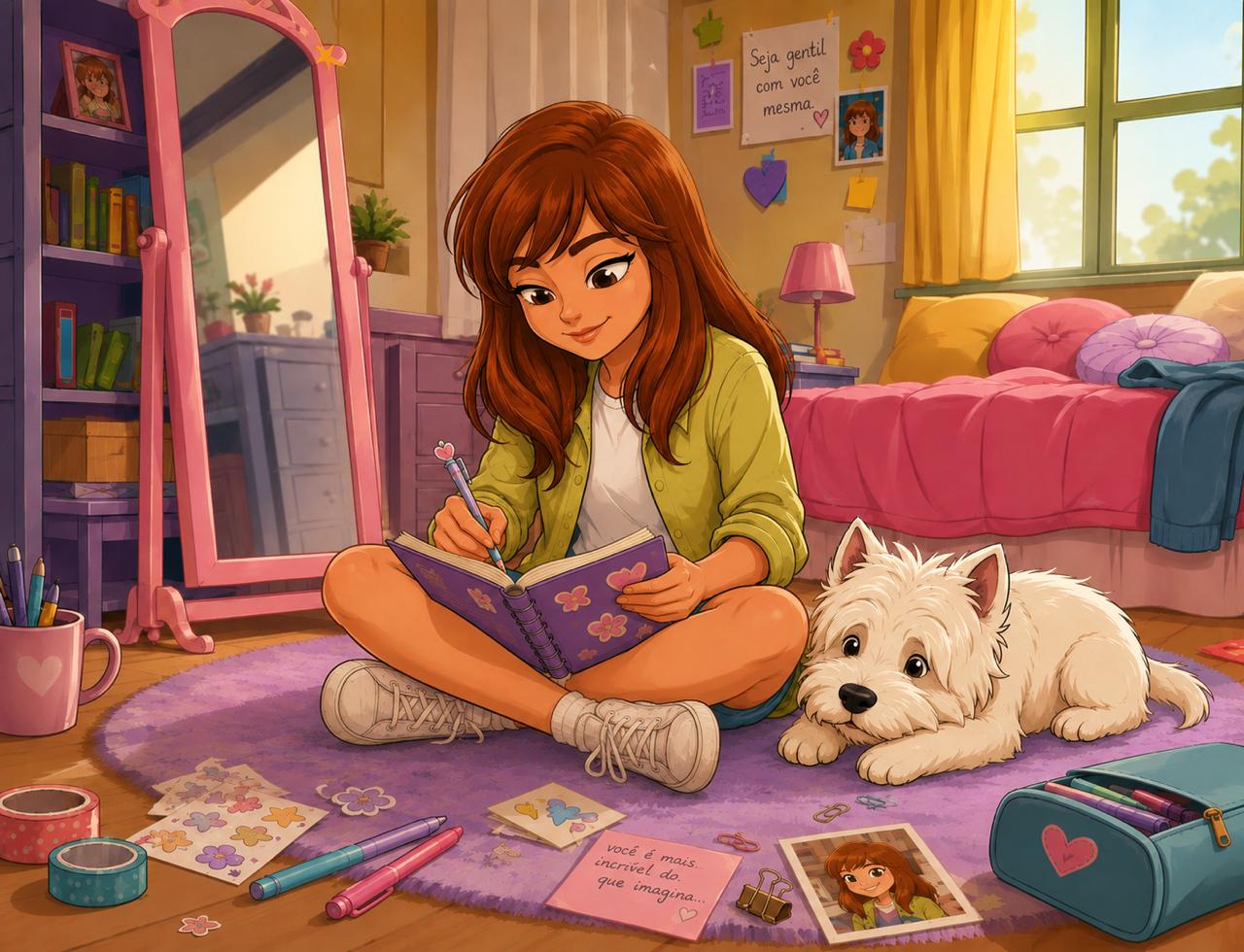 Vivi escrevendo em seu diário, cercada por itens de papelaria